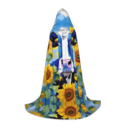 SABFWF Kapuzenumhang für Herren, Kuh mit Sonnenblumen in Blau, Zauberer-Umhang mit Kapuze, perfekt für Halloween und Cosplay von SABFWF