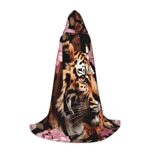 SABFWF Kapuzenumhang für Herren, Tiger-Leopardenmuster, Rosen-Blumendruck, Zauberer-Umhang mit Kapuze, perfekt für Halloween und Cosplay von SABFWF