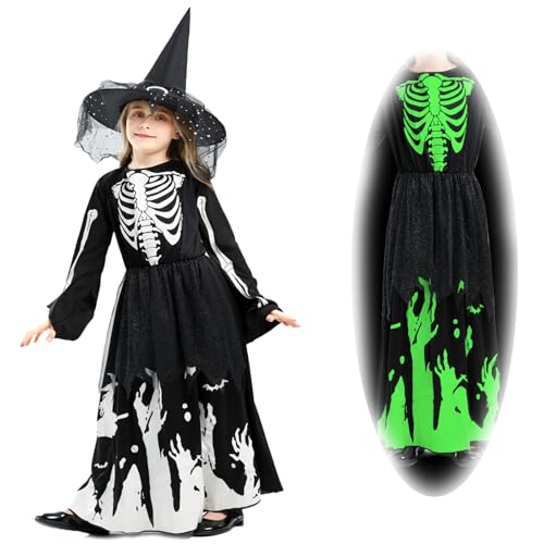 SACBRZZ HexenkostüM MäDchen, Glow in the Dark Halloween KostüM Kinder MäDchen mit Hexenhut, Skelett KostüM Kinder Lange Hexenkleid, KostüM Set Magische Hexe füR Halloween Cosplay Party (140CM) von SACBRZZ