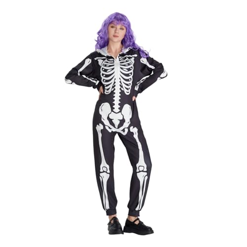 SAEWTINOR Skelett Kostüm damen Halloween skelett jumpsuit Erwachsene Violette Perücke Cosplay Karneval (M) von SAEWTINOR