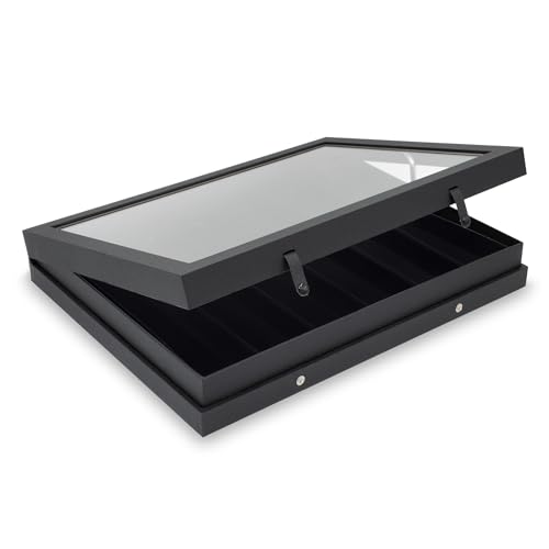 SAFE 5674 Sammel Vitrine Black Edition 6 Fächer à 275 x 57 mm mit Echtglasabdeckung | mattschwarzen Leinenstruktur-Oberfläche | 40 x 30 x 5,5 cm von SAFE