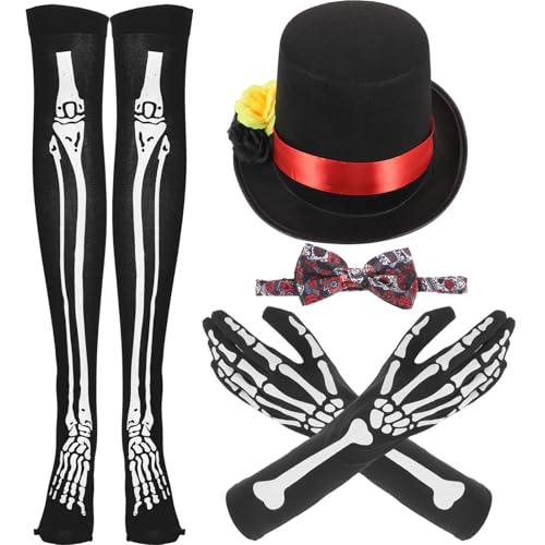 SAFIGLE 1 Satz Halloween Skull Kostüm Set mit Hut Handschuhen und Fliege Verkleidung für Halloween Partys und Cosplay Events Langlebige und Bequeme Materialien eine Geheimnisvolle von SAFIGLE
