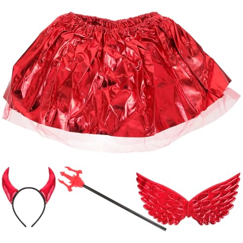 SAFIGLE 1 Satz Teufelskostüm mit Teufelshörner Haarreif Roten Tutu Rock Teufelsflügel und Teufelsharke Halloween Dekoration für Karneval und Mottopartys von SAFIGLE