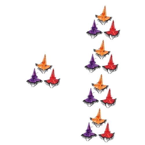 SAFIGLE 15 Stück Teiliges Halloween Hexenhut Stirnband Große Glitzer Hexenhüte mit Spitze und Schleife Rot Orange Elastisch Bequem Langlebig Cosplay Haarreif für Karneval und Maskenparty von SAFIGLE