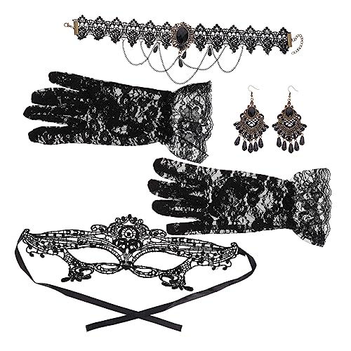 SAFIGLE 1Satz Spitze Maske Set mit Handschuhen Ohrringen Halskette Elegantes Cosplay Zubehör für Halloween Fasching Halbe Gesichtsmaske Einzigartiges Spitzenbesatzdesign von SAFIGLE