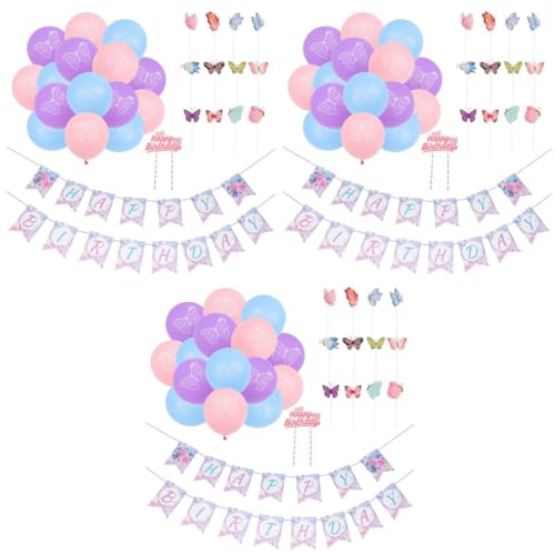 SAFIGLE 3 Sätze geburtstagsfeier dekoration Alles zum Geburtstag-Banner Lila Partydekorationen Luftballons tortendeko einschulung Schmetterlinge Kuchen Topper Geburtstagsparty-Zubehör von SAFIGLE