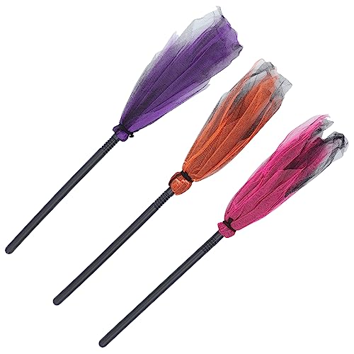SAFIGLE 3 Stücke Teiliges Halloween Hexenbesen Kunststoff mit Farbigem Mesh Dekoratives Hexenbroom Accessoire für Kostüm Party Karneval Masquerade und Rollenspiele von SAFIGLE