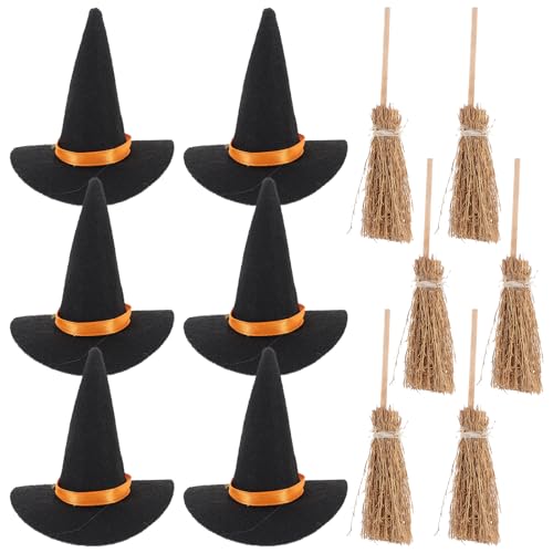SAFIGLE 6er-Set mit Hüten Und Besen, Halloween-dekorationsset, Hexenhut-Kappen aus Filz Und Holzbesen für Heimwerker-bastelarbeiten, Partyzubehör, 3,14 Zoll SAFIGLE 6er-Set mit Hüten Und Besen, Halloween-dekorationsset, Hexenhut-Kappen aus Filz Und Holzbesen für Heimwerker-bastelarbeiten, Partyzubehör, 3,14 Zoll von SAFIGLE