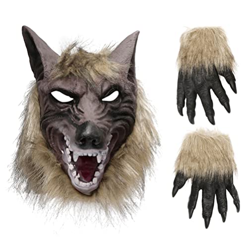 SAFIGLE Halloween Werwolf Kostüm Set Wolfskopfmaske Und Klauenhandschuhe Theater Streich Requisite Verrückte Masken Anziehmasken für Halloween Party von SAFIGLE