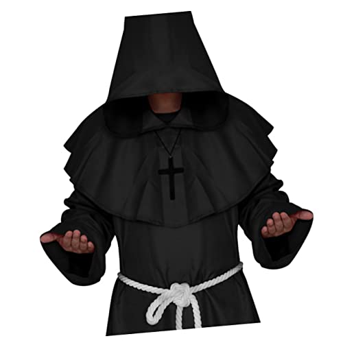 SAFIGLE Mittelalterliches Mönchsgewand Mit Kapuze Halloween Cosplay Kostüm Für Priester Und Zauberer Schwarz Für Karneval Und Themenpartys von SAFIGLE