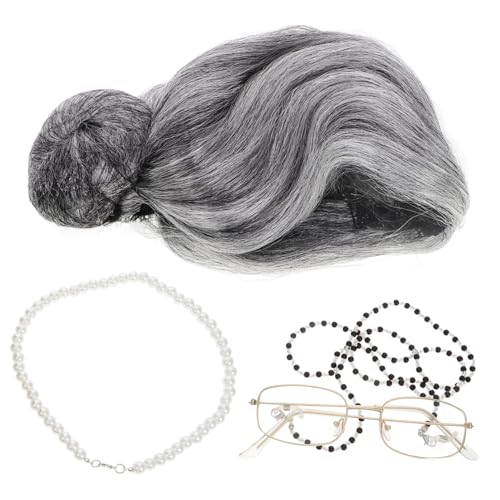 SAFIGLE Old Grandma Kostümset für Frauen und Mädchen Halloween Cosplay Zubehör mit Perücke Brille Kette und für Schultag und Andere Anlässe von SAFIGLE