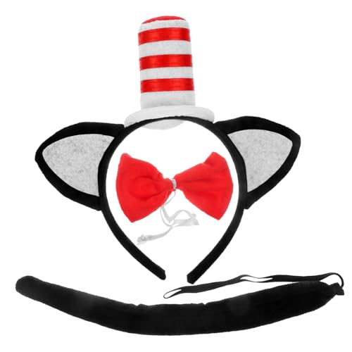 SAFIGLE Schwarzes Katzenkostüm Teilig mit Katzenohren Stirnband Rot Weiß Gestreiftem Hut und Tierkostüm Zubehör für Halloween Karneval Cosplay Party von SAFIGLE