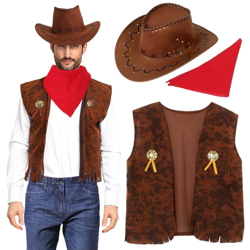 SAFIGLE 3-Teiliges Cowboy KostüM Set FüR Erwachsene Mit Weste Cowboyhut Und Dreieckigem Schal, Perfekt FüR Karneval, MaskenbäLle Und Western-Partys von SAFIGLE