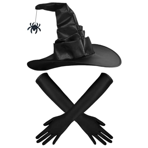 SAIIURV 2 Stück Hexenkostüm Damen, Hexenhut mit Spinne und Lange Handschuhe Set, Halloween Kostüm, Karneval Witch Costume Zubehör, für Karneval Halloween Cosplay von SAIIURV