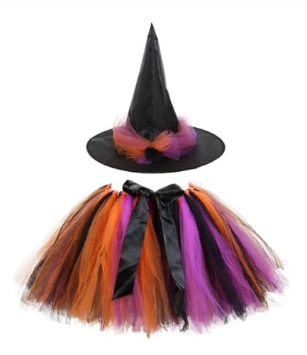 SAIIURV 2 Stück Kinder Fee Hexe Kostüm, Regenbogen Tutu Rock mit Hexenhut, Halloween Kostüm für Mädchen, Fasching Cosplay Kostüm, für Kinder Halloween Karneval Party (Hexe) von SAIIURV