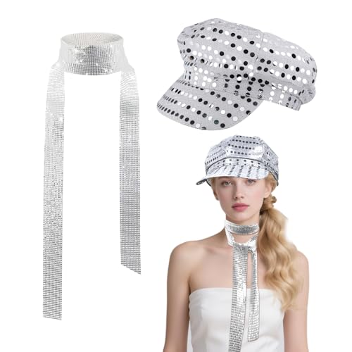 SAIIURV 2 Stück Paillettenhut, Disco Kostüm 70er 80er Jahre Accessoires mit Pailletten Hut, Glitzer Halstuch, Lange Schmale Krawatte für Disco Glitzer Kostümzubehör Kostüm Karneval Mottoparty (Silber) SAIIURV 2 Stück Paillettenhut, Disco Kostüm 70er 80er Jahre Accessoires mit Pailletten Hut, Glitzer Halstuch, Lange Schmale Krawatte für Disco Glitzer Kostümzubehör Kostüm Karneval Mottoparty (Silber) von SAIIURV