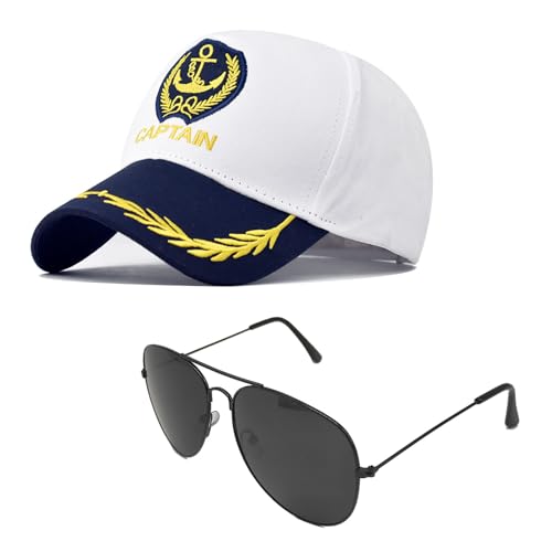 SAIIURV 2 Stücke Kapitänsmütze für Erwachsene, Captain Hat Baseball Cap, Verstellbare Yacht Schiff Boot Marine Mütze Mit Sonnenbrille, Marine Sea Cap Hut für Karneval Mottoparty Partys Cosplay (Weiß) von SAIIURV