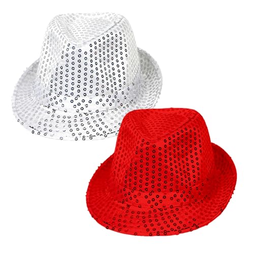 SAIIURV 2 Stücke Paillettenhut Herren, Glitzer Partyhüte Kopfbedeckung, Disco Outfit, Glanzhut Glitzerhut, Unisex Narrenkappe für Disco Glitzer Kostümzubehör Kostüm Karneval Mottoparty (Silber, Rot) SAIIURV 2 Stücke Paillettenhut Herren, Glitzer Partyhüte Kopfbedeckung, Disco Outfit, Glanzhut Glitzerhut, Unisex Narrenkappe für Disco Glitzer Kostümzubehör Kostüm Karneval Mottoparty (Silber, Rot) von SAIIURV