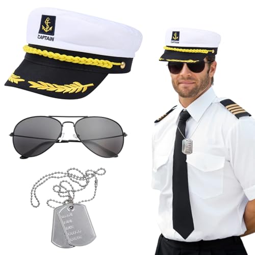 SAIIURV 3 Stk Kapitänsmütze Kostüm Set, Verstellbare Yacht Schiff Boot Marine Mütze, Sonnenbrille, Erkennungsmarke, Kapitän Verkleidung Seemann Accessoires für Erwachsene Herren Damen Party Cosplay von SAIIURV