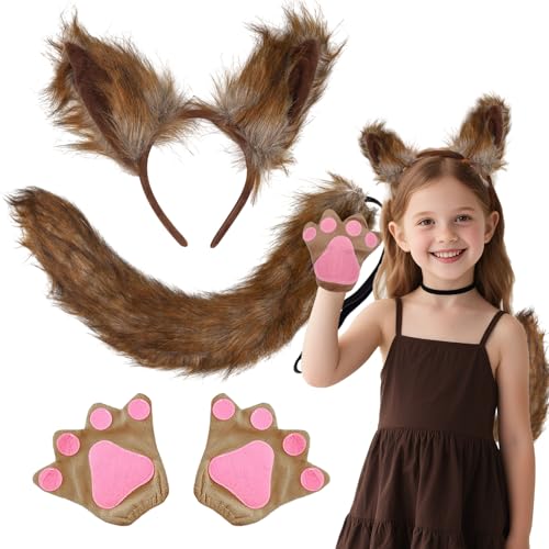 SAIIURV 3 Stück Kind Tier Eichhörnchen Kostüm Set, Eichhörnchenohren und Schwanz Handschuhe Fuchs Streifenhörnchen Kostüm für Karneval Halloween Mottoparty (3PCS) von SAIIURV