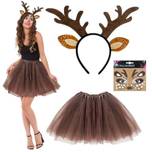 SAIIURV 3 Stück Kostüm Rentier Stirnband Frauen Tierkostüm mit Rentier Haarreif mit Ohren Gesichtstattoo Tutu, Hörner Hirschohren für Damen Karneval Halloween Cosplay Kostüm Tier Ohren Haarreif (3PCS) SAIIURV 3 Stück Kostüm Rentier Stirnband Frauen Tierkostüm mit Rentier Haarreif mit Ohren Gesichtstattoo Tutu, Hörner Hirschohren für Damen Karneval Halloween Cosplay Kostüm Tier Ohren Haarreif (3PCS) von SAIIURV