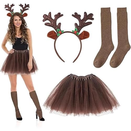SAIIURV 3 Stücke Damen Rentier Kostüm, Rentier Haarreif und Tüllrock Temporäre Tattoos, Weihnachten Geweih Tierkostüm für Damen Karneval Halloween Cosplay Kostüm Tier Ohren Haarreif (Braun) (Braun) von SAIIURV