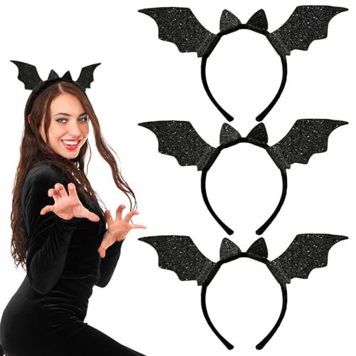 SAIIURV 3 Stücke Fledermausflügel-Stirnband, Fledermaus Ohren Haarreif mit Glitzereffekt, Vampires, Bat Headband, Karneval Fasching Halloween Party Kostüm Grusel Horror für Damen & Herren (Schwarz) von SAIIURV