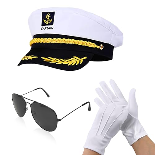 SAIIURV 3 Stücke Kapitänsmütze für Erwachsene, Verstellbare Yacht Schiff Boot Marine Mütze, mit Einem Paar Handschuhe Sonnenbrille, Marine Accessoire für Karneval Mottoparty Partys Cosplay (Weiß) von SAIIURV