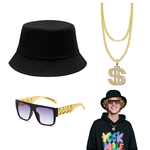 SAIIURV 3 Stücke Zuhälter Kostüm, Hippie Kostüm Set 80er 90er Jahre Outfit, Dollar Kette Gangster Gang Sonnenbrille, Rapper Accessoires, Hip Hop Kostüm für Karneval Fasching Mottoparty (Schwarz, Gold) SAIIURV 3 Stücke Zuhälter Kostüm, Hippie Kostüm Set 80er 90er Jahre Outfit, Dollar Kette Gangster Gang Sonnenbrille, Rapper Accessoires, Hip Hop Kostüm für Karneval Fasching Mottoparty (Schwarz, Gold) von SAIIURV