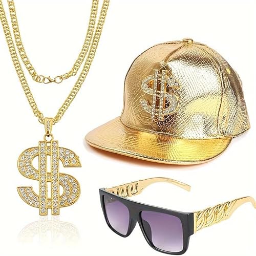 SAIIURV 3 Stücke Zuhälter Kostüm, Hippie Kostüm Set 80er 90er Jahre Outfit, Dollar Kette Gangster Gang Sonnenbrille, Rapper Accessoires, Hip Hop Kostüm für Karneval Fasching Mottoparty (Schwarz, Gold) von SAIIURV
