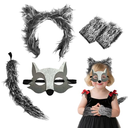 SAIIURV 4 Stück Graues Wolf Kostüm für Kinder Erwachsene Wolf Ohren Schwanz Handschuhen Maske Werwölfe Accessoires Furry Kostüm für Halloween Karneval (Grau) von SAIIURV