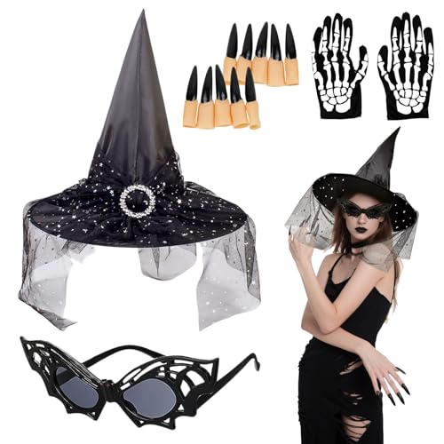 SAIIURV 4 Stück Hexe Hut Kostüm Set, Partei Hexenhut Spitzmütze Gloves con Glass, Langen Nägeln, Halloween Zubehör, Hexenkostüm Zubehör, für Karneval Halloween Cosplay SAIIURV 4 Stück Hexe Hut Kostüm Set, Partei Hexenhut Spitzmütze Gloves con Glass, Langen Nägeln, Halloween Zubehör, Hexenkostüm Zubehör, für Karneval Halloween Cosplay von SAIIURV