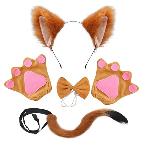 SAIIURV 4 Stück Kostüm Fuchs für Kinder Erwachsene Fuchsohren Stirnband Fuchsschwanz Fuchs Pfoten Handschuhe Fliege, Fuchs Cosplay für Karneval Halloween Tierkostüm Fuchs Ohren Tier Cosplay (Fuchs) von SAIIURV
