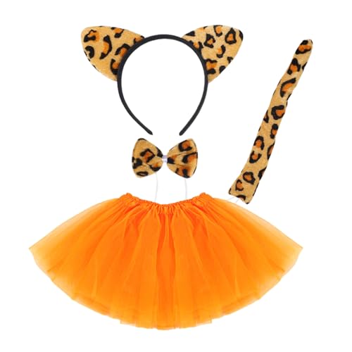SAIIURV 4 Stück Tierkostüm Set für Kinder, Nette Cosplay Tiger Ohren Stirnband Fliege Schwanz Tutu Tiger Rollenspiel Kostüm Halloween Tierkleid Zubehör für Cosplay Fasching Festival (Orange) von SAIIURV