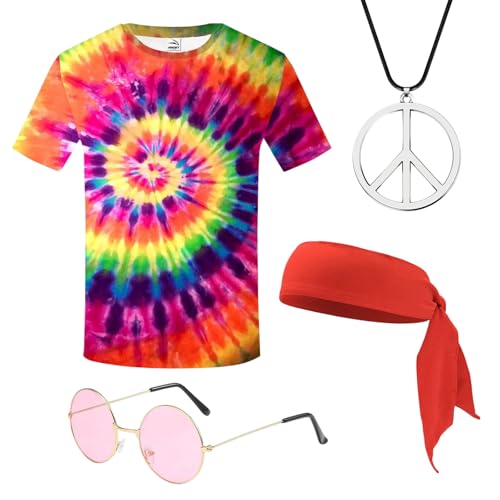 SAIIURV 4 Stücke 70er Kostüme, Hippie T-Shirt Brille Peace Halskette Stirnband, Hippie Kostüm Herren Damen, 70er Jahre Outfit, Faschingskostüme, Disco Outfit Karneval Fasching Kostüm (Multicolor) von SAIIURV