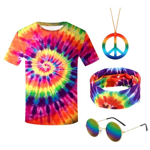 SAIIURV 4 Stücke 70er Kostüme, Hippie T-Shirt Brille Peace Halskette Stirnband, Hippie Kostüm Herren Damen, 70er Jahre Outfit, Faschingskostüme, Disco Outfit Karneval Fasching Kostüm (Multicolor) von SAIIURV