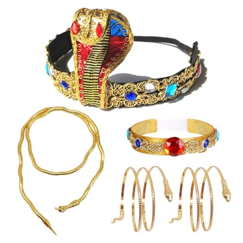 SAIIURV 5 Stück Altägyptisches Kostüm Zubehör, Pharao Kostüm Zubehör Ägyptischer Kopfschmuck Halskette Bracelet Schlange Armband Pharao Accessoires für Frauen Halloween Karneval Party (5 Stück) von SAIIURV