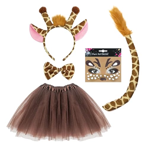 SAIIURV 5 Stück Kostüm Giraffen für Kinder, Tierkostüm mit Giraffe Ohren Haarreif Fliege Schwanz Gesichtstattoo Mädchen Tutu, Tierohren Stirnband Halloween Fasching Karneval Fasching Party (Deer) von SAIIURV