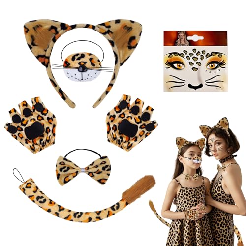 SAIIURV 6 Stück Leopard Kostüm Set mit Gepardenohren Stirnband Fliege Schwanz Gold Druck Leopard Temporäre Tattoo Maskerade Dekoration Zubehör Dschungel Party Weihnachten Karneval Cosplay (6 Stück) von SAIIURV