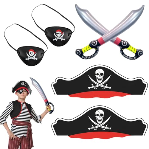 SAIIURV 6 Stück Piraten Kostüm Zubehör Kinder Erwachsene, Piratenhut, Augenklappe Pirat, Aufblasbares Piratenschwert, Kapitän Kostüm Piratenkostüm Zubehör für Partys Halloween Carnival (6 Stück) von SAIIURV