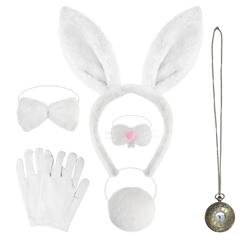 SAIIURV 6 Stück Weiße Hasen Kostüm Kinder Erwachsene Set, Hasenohren Haarreif, Hasen Schwanz, Hase Nase, Fliege, Handschuhe, Uhr, Hase Kostüm für Ostern Karneval Halloween Party (6 Stück) von SAIIURV