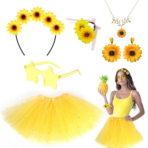 SAIIURV 6 Stücke Sonnenblumen Kostüm Damen, Gelber Tüllrock Damen mit Stern, Blumen Kostüm Damen, Sonnenblumen Ohrringe, Halsketten, Sonnenblumen Stirnband, Faschingskostüme Mottoparty (Gelb) (Gelb) von SAIIURV