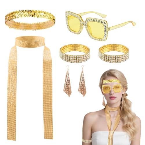 SAIIURV 7 Stück 1970er Jahre Disco Zubehör, Glitzer Haarbänder Ohrringe Schal Strass Sonnenbrille Armband, Disco Accessoires 70er 80er Jahre Outfit Damen für Fasching Karneval Kostüm (Gold) von SAIIURV
