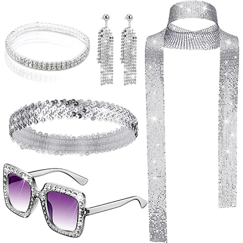 SAIIURV 7 Stück 1970er Jahre Disco Zubehör, Glitzer Haarbänder Ohrringe Schal Strass Sonnenbrille Armband, Disco Accessoires 70er 80er Jahre Outfit Damen für Fasching Karneval Kostüm (Silber) von SAIIURV