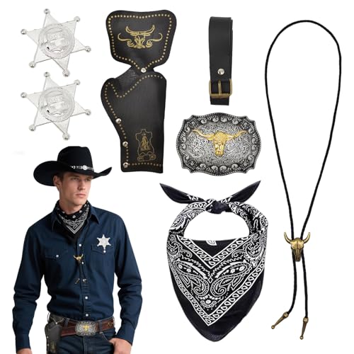 SAIIURV 7 Stück Cowboy Fancy Dress Zubehör Set für Herren, Cowboy Outfit Kit mit Paisley Bandana Holster Gürtel Boloschnalle Krawatte Halskette Sheriff Abzeichen für Karneval Fancing Cosplay (Schwarz) von SAIIURV