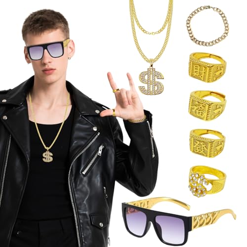 SAIIURV 7 Stücke Zuhälter Kostüm, Hip Hop Rapper Kostüm, 80er 90er Jahre Outfit Herren Hip Hop Kostüm, Goldene Dollar Kette Ring Sonnenbrille Hanzi-Ringe für Karneval Fasching Mottoparty (Gold) (Gold) von SAIIURV
