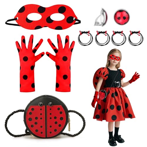 SAIIURV 8 Stücke Ladybug Kostüm Zubehör Set, Lady Bug Maske Handschuhe Tasche Haarbänder Ohrring, Ladybird Kostüm Kinder, Ladybird Kostüm Mädchen Cosplay Fasching Ladybird Spielzeug (Rot, Schwarz) von SAIIURV