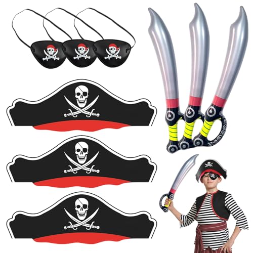 SAIIURV 9 Stück Piraten Kostüm Zubehör Kinder Erwachsene, Piratenhut, Augenklappe Pirat, Aufblasbares Piratenschwert, Kapitän Kostüm Piratenkostüm Zubehör für Partys Halloween Carnival (9 Stück) von SAIIURV