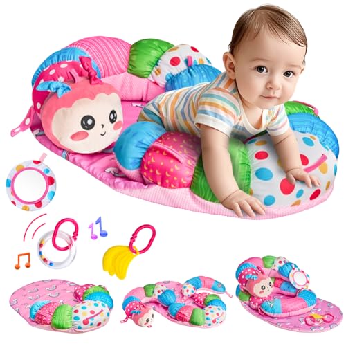 SAIMAND Baby Spielzeug 0-6 Monate - 3-in-1 Abnehmbares Raupe Spielkissen für Tummy Time Toys,Bauchlage, Sitzen & Stützen mit Rassel, Beißring und Spiegel - Ideales Baby Geschenk 0-3-6 Monate（Rosa） von SAIMAND