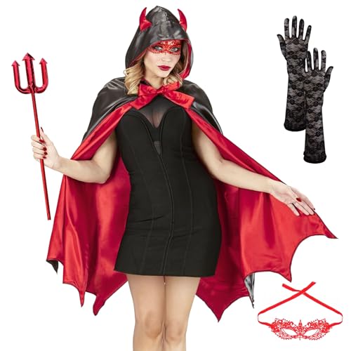 SALADOCY 4 Stück Halloween Kostüm, inkl. Damen Umhang, Spitzen Augenmaske, Spitzen Handschuhe, Teufelsgabel, geeignet für Halloween Party, COSPLAY, Faschingsball SALADOCY 4 Stück Halloween Kostüm, inkl. Damen Umhang, Spitzen Augenmaske, Spitzen Handschuhe, Teufelsgabel, geeignet für Halloween Party, COSPLAY, Faschingsball von SALADOCY